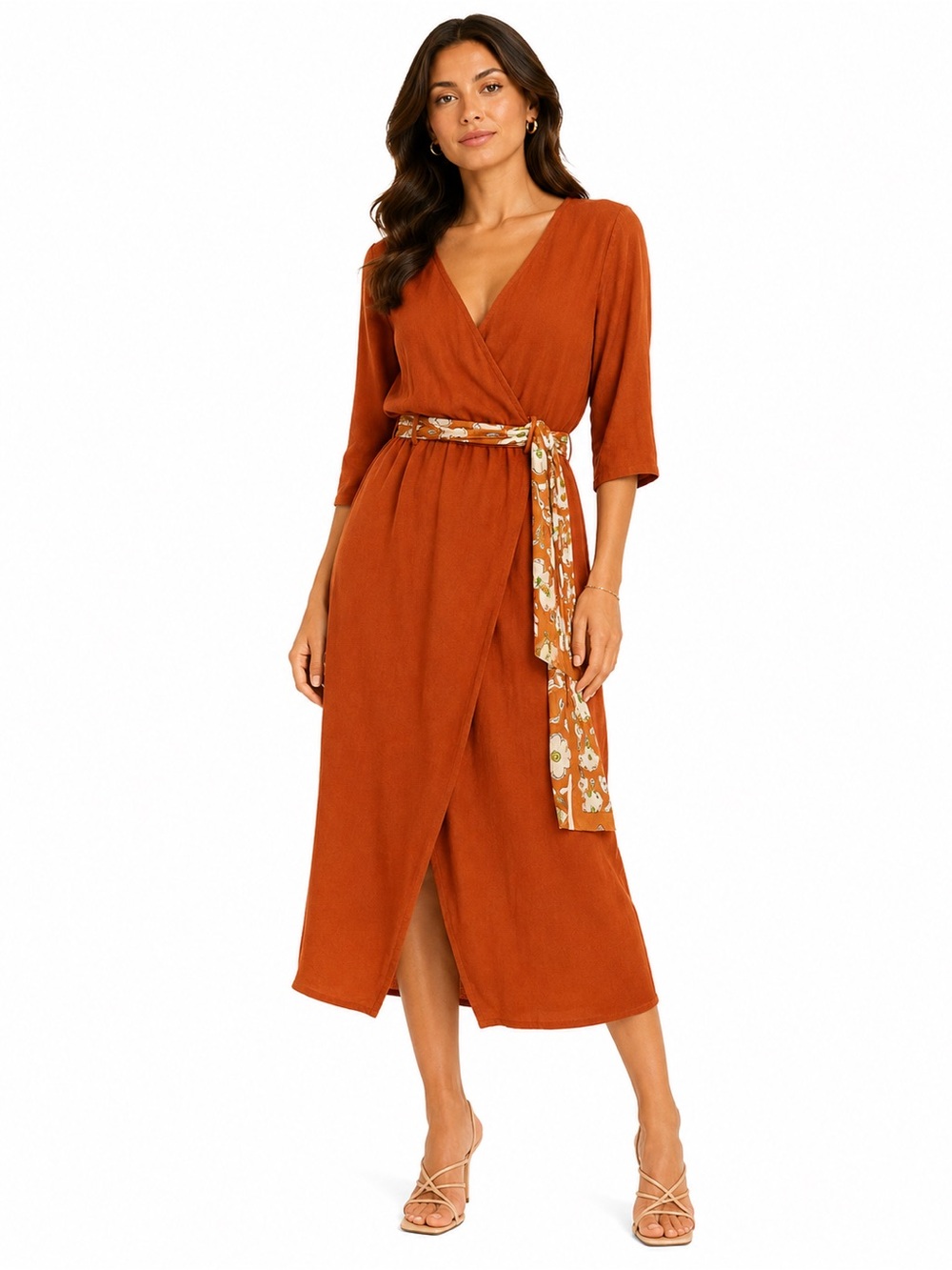 Glamorous Rust Orange Wrap Midi Dress with Floral Sash